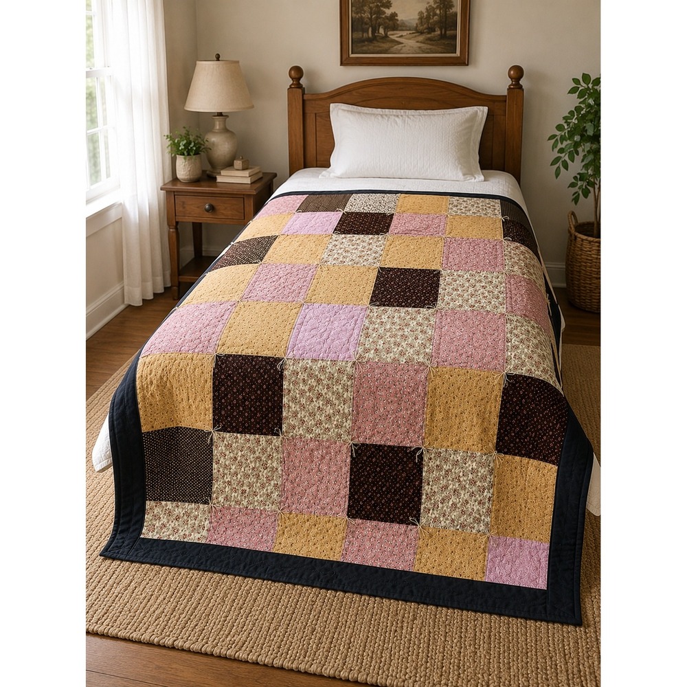 Vintage Twin Patchwork Quilt 63x88 Hand Tied Cottage Farmhouse Quilt
